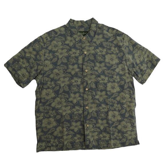 1990s Vintage Eddie Bauer Green Floral Hawaiian Casual Button Down Shirt Medium - Picture 1 of 6